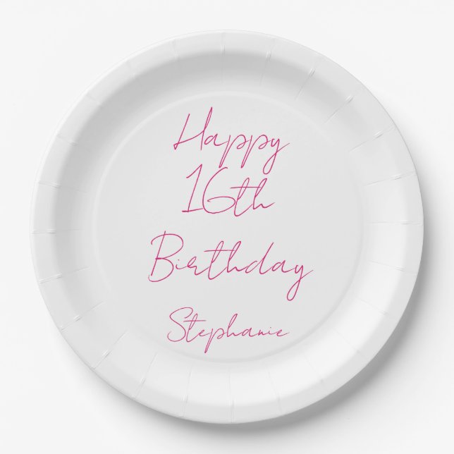 Happy 16th Birthday Pink White Sixteenth 2024 Paper Plate (Front)