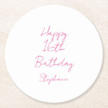 Happy 16th Birthday Pink White Sixteenth 2024 Round Paper Coaster<br><div class="desc">Designed with text template for "Happy 16th Birthday" message and name which you can customise! You may also change the background colour as you like.</div>