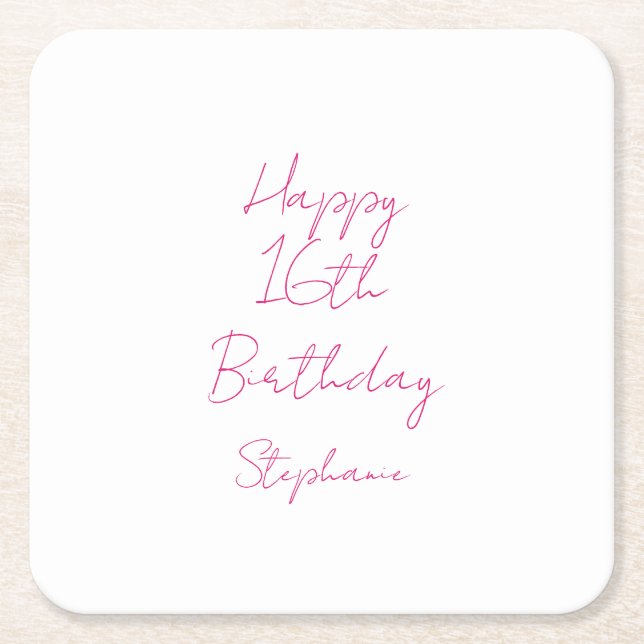 Happy 16th Birthday Pink White Sixteenth 2024 Square Paper Coaster (Front)