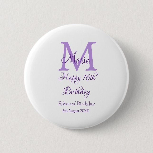 Happy 16th Birthday purple add name monogram moder 6 Cm Round Badge (Front)