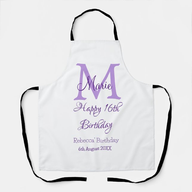 Happy 16th Birthday purple add name monogram moder Apron (Front)