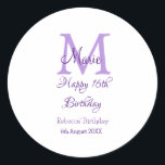Happy 16th Birthday purple add name monogram moder Classic Round Sticker<br><div class="desc">beautiful design</div>
