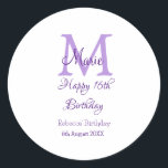 Happy 16th Birthday purple add name monogram moder Classic Round Sticker<br><div class="desc">beautiful design</div>