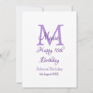 Happy 16th Birthday purple add name monogram moder Holiday Card