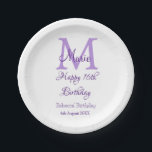 Happy 16th Birthday purple add name monogram moder Paper Plate<br><div class="desc">beautiful design</div>