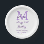 Happy 16th Birthday purple add name monogram moder Paper Plate<br><div class="desc">beautiful design</div>