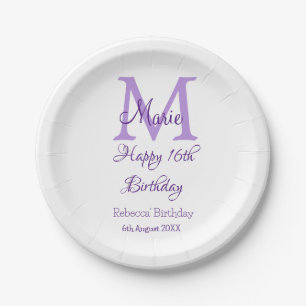 Happy 16th Birthday purple add name monogram moder Paper Plate