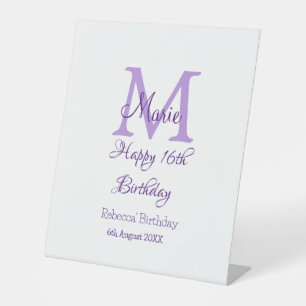 Happy 16th Birthday purple add name monogram moder Pedestal Sign