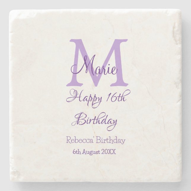 Happy 16th Birthday purple add name monogram moder Stone Coaster (Front)