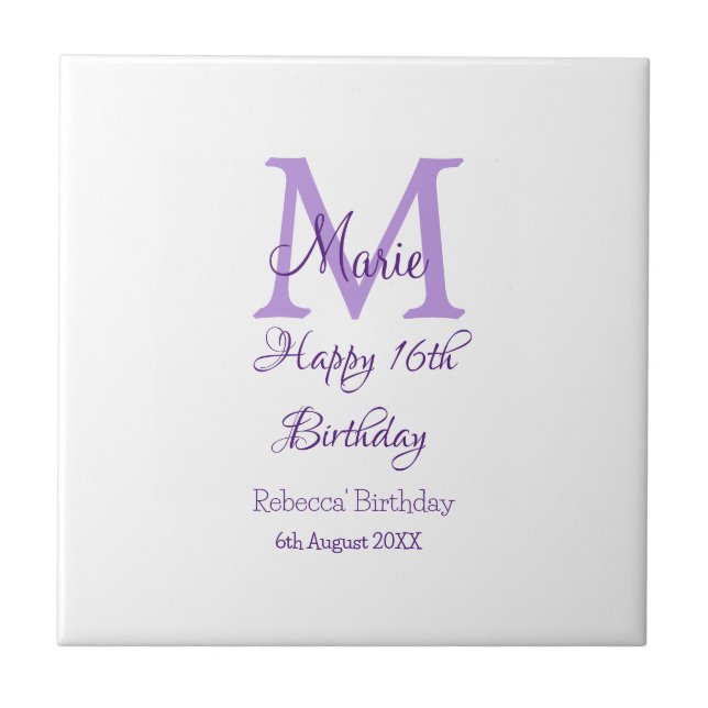 Happy 16th Birthday purple add name monogram moder Tile (Front)