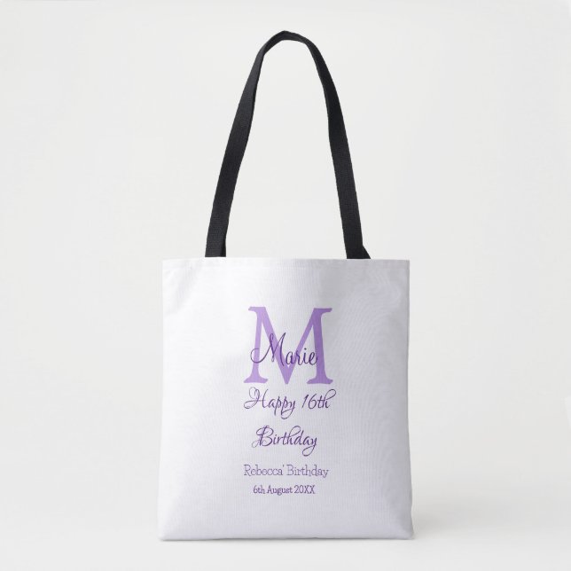Happy 16th Birthday purple add name monogram moder Tote Bag (Front)