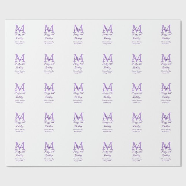Happy 16th Birthday purple add name monogram moder Wrapping Paper (Flat)