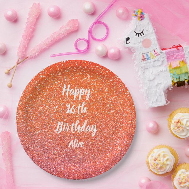 Happy 16th Birthday Salmon Pink Orange Glitter  Paper Plate (Party)