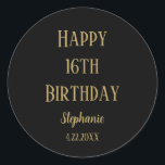 Happy 16th Birthday Sixteen Gold Black Custom Age Classic Round Sticker<br><div class="desc">Designed for birthday celebrations!</div>