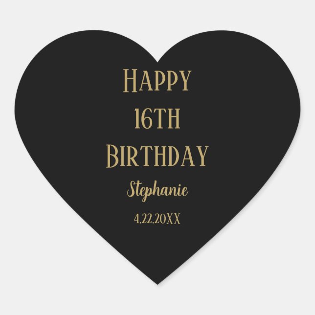 Happy 16th Birthday Sixteen Gold Black Custom Age Heart Sticker (Front)