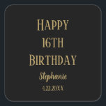 Happy 16th Birthday Sixteen Gold Black Custom Age Square Sticker<br><div class="desc">Designed for birthday celebrations!</div>