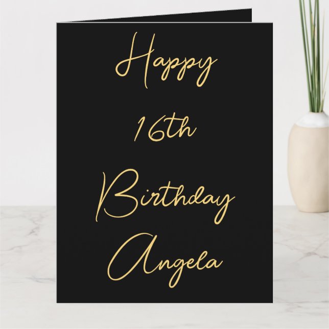 Happy 16th Birthday Sixteen Gold Black Custom Name Card (Front)