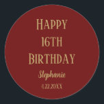 Happy 16th Birthday Sixteen Gold Burgundy Red Cute Classic Round Sticker<br><div class="desc">Designed for birthday celebrations!</div>