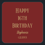 Happy 16th Birthday Sixteen Gold Burgundy Red Cute Square Sticker<br><div class="desc">Designed for birthday celebrations!</div>