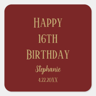 Happy 16th Birthday Sixteen Gold Burgundy Red Cute Square Sticker