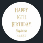 Happy 16th Birthday Sixteen Gold Custom Age Name Classic Round Sticker<br><div class="desc">Designed for birthday celebrations!</div>