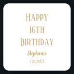 Happy 16th Birthday Sixteen Gold Custom Age Name Square Sticker<br><div class="desc">Designed for birthday celebrations!</div>