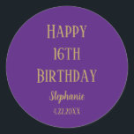 Happy 16th Birthday Sixteen Gold Purple Custom Age Classic Round Sticker<br><div class="desc">Designed for birthday celebrations!</div>