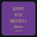 Happy 16th Birthday Sixteen Gold Purple Custom Age Square Sticker<br><div class="desc">Designed for birthday celebrations!</div>