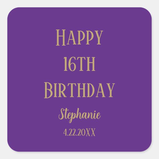 Happy 16th Birthday Sixteen Gold Purple Custom Age Square Sticker (Front)