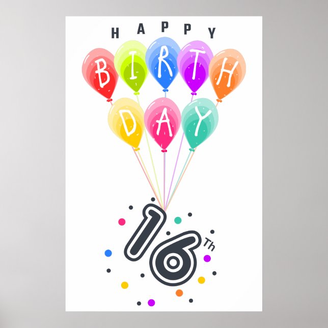 Happy 16th Birthday With Colorful Balloons Poster (Front)