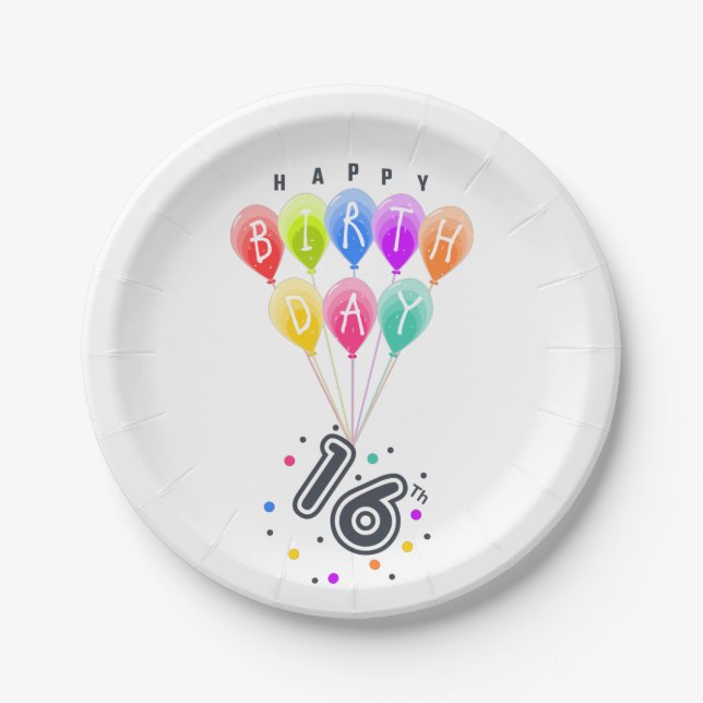Happy 16th Birthday With Colourful Balloons Paper Plate (Front)