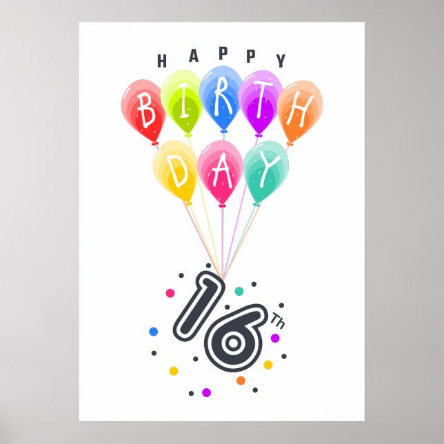 Happy 16th Birthday With Colourful Balloons Poster (Front)