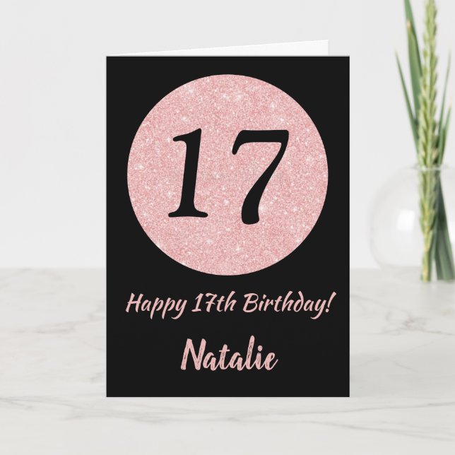 Happy 17h Birthday Black and Rose Pink Gold Card (Front)