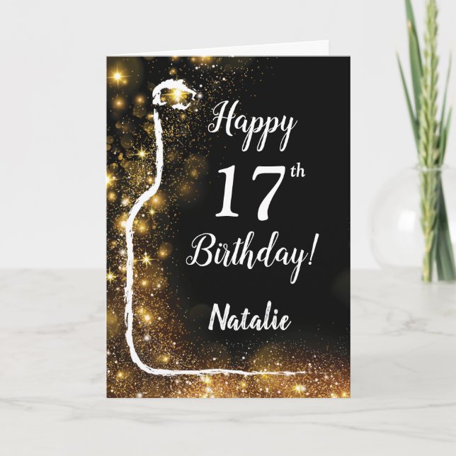 Happy 17th Birthday Black and Gold Glitter Wine Card (Front)