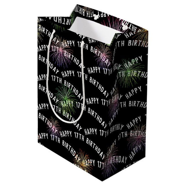 Happy 17th Birthday fireworks on black Medium Gift Bag (Back Angled)