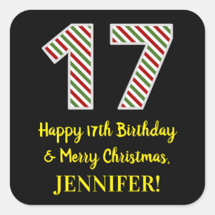 Happy 17th Birthday & Merry Christmas, Custom Name Square Sticker