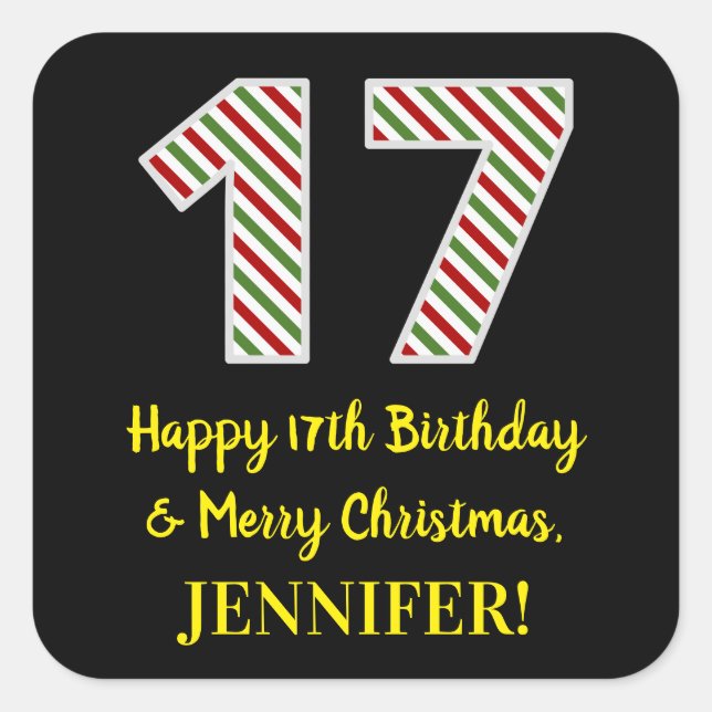 Happy 17th Birthday & Merry Christmas, Custom Name Square Sticker (Front)
