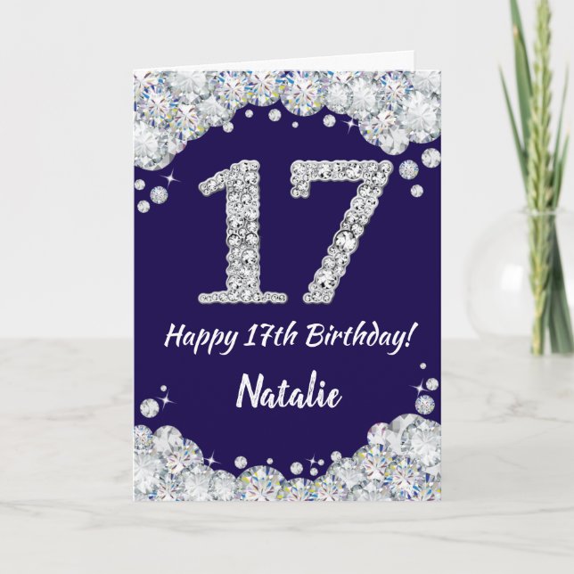 Happy 17th Birthday Navy Blue and Silver Glitter Card (Front)
