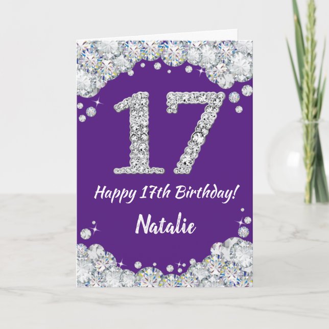 Happy 17th Birthday Purple and Silver Glitter Card (Front)