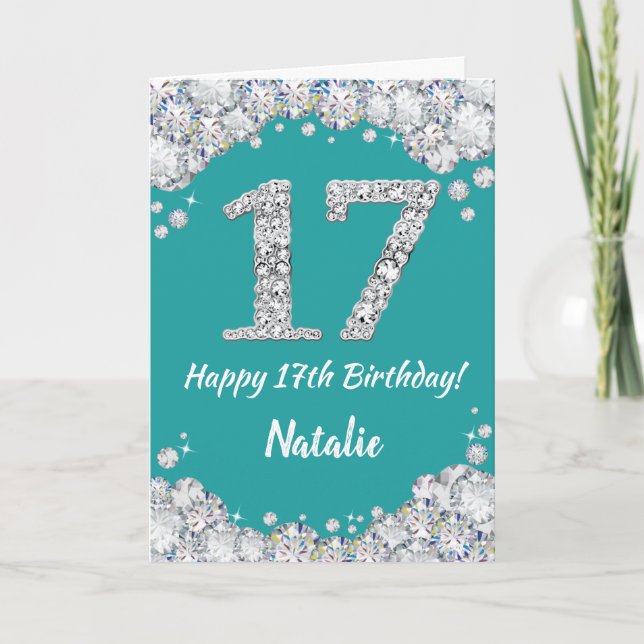 Happy 17th Birthday Teal and Silver Glitter Card (Front)