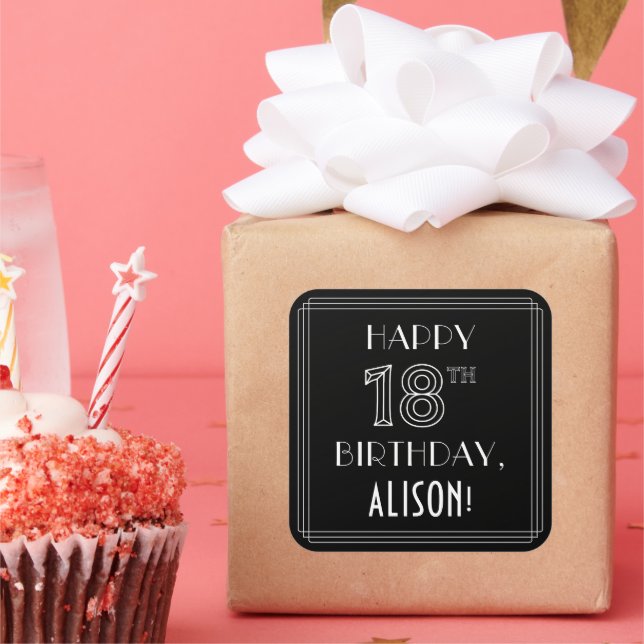 HAPPY 18TH BIRTHDAY; Art Deco Style; Custom Name Square Sticker (Party)