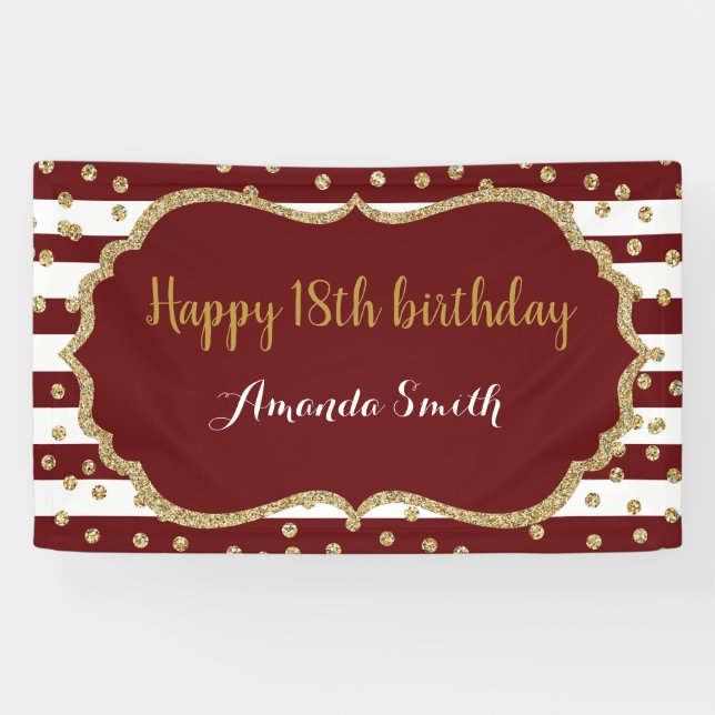 Happy 18th Birthday Banner Burgundy Gold Glitter (Horizontal)