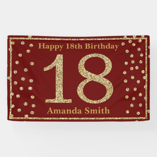 Happy 18th Birthday Banner Burgundy Red Gold (Horizontal)