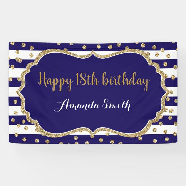 Happy 18th Birthday Banner.Navy Blue Gold Glitter Banner (Horizontal)