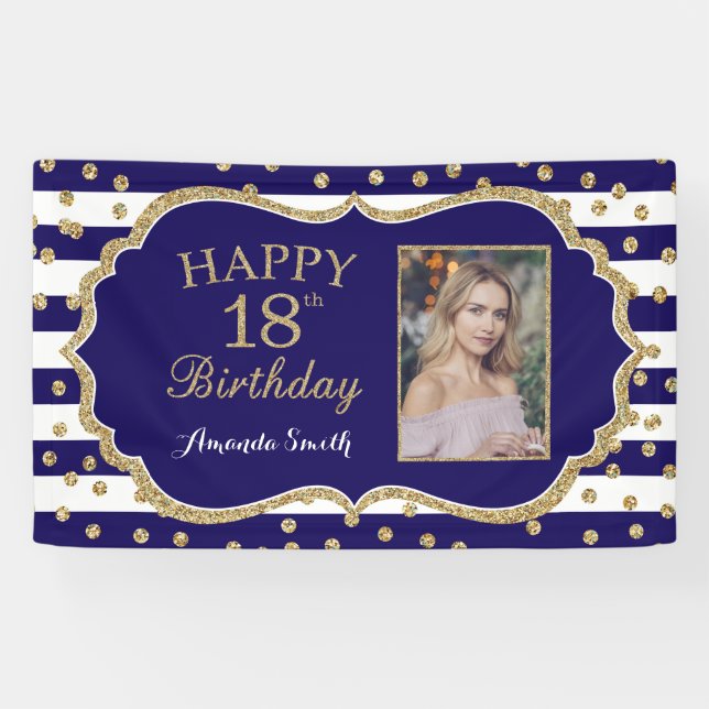 Happy 18th Birthday Banner Navy Blue Gold Photo (Horizontal)