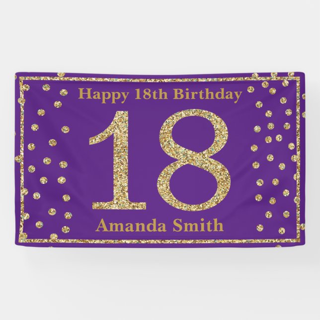 Happy 18th Birthday Banner Purple and Gold Glitter (Horizontal)