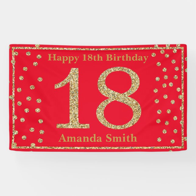 Happy 18th Birthday Banner Red and Gold Glitter (Horizontal)