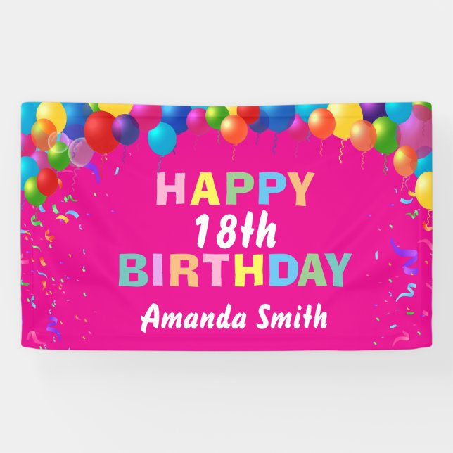 Happy 18th Birthday Colourful Balloons Hot Pink Banner (Horizontal)