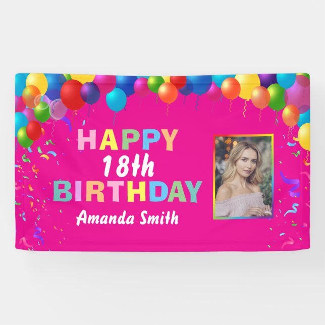 Happy 18th Birthday Colourful Balloons Hot Pink Banner (Horizontal)