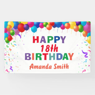 Happy 18th Birthday Colourful Balloons White Banner